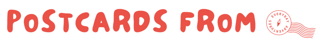 Logo for 'Postcards From Everyday' in red rounded letters with a circular stamp and postage waves on the right.